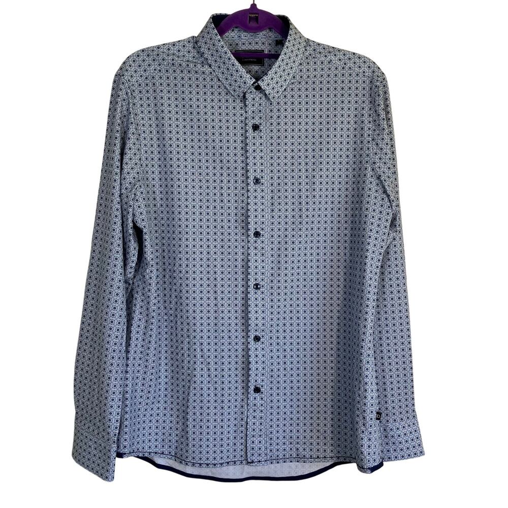 7 Diamonds Mens Medium Blue White Geometric 4 Way Stretch Shirt Office Liberty